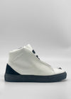 A single MH0157 White W/ Black high-top sneaker features a smooth white upper made from premium Italian leathers and a black sole and heel, resting on a plain white background.