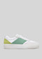 Side view of a white vegan sneaker with V22 Pastel Green & Lime geometric panels on a gray background.