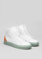 A pair of V36 Pastel Green W/ Orange high-top sneakers with a light mint sole and an orange heel accent, displayed against a plain grey background.