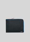 premium full leather medium pouch black and blue contrast frontview