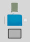 Layout piatto di M Leather Pouch Blue, penna, taccuino, tablet e auricolari wireless organizzati in modo ordinato su uno sfondo grigio.