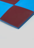 premium patchwork medium leather pouch bordeaux and blue detailed view corner