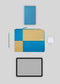 Layout piatto di gadget e accessori moderni: un taccuino blu, un M Patchwork Pouch Yellow & Blue, una penna, auricolari wireless e un tablet, tutti disposti ordinatamente su uno sfondo grigio chiaro.