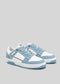 A pair of M0002 by Sara Q light blue and white low top sneakers displayed against a gray background.