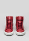 A pair of V6 Red Wine Leather w/Scarlet high-top sneakers with white soles and laces, viewed from the front against a gray background.