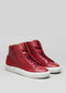 A pair of V6 Red Wine Leather w/Scarlet high-top sneakers with white soles, displayed against a neutral background.