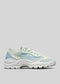 Pastel blue and green V9 Color Mix Sky low top sneaker with wavy sole and suede patches, displayed against a plain gray background.