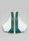 A pair of V11 White Leather w/ Green wedge shoes with dark green accents and textured soles, displayed against a neutral gray background.