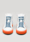 A pair of MH00017 by Miguel high-top sneakers with blue and white wave pattern and bright orange soles, displayed on a light gray background.