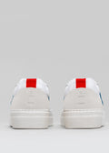white and petrol blue premium leather pair of sneakers in contemporary design backview