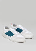 white and petrol blue premium leather sneakers in contemporary design frontview