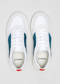 white and petrol blue premium leather sneakers in contemporary design topview
