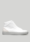A MH0012 YouNoMe I high-top sneaker against a gray background, featuring a minimalist design with a side zipper and subtle branding.