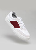 white and bordeaux premium leather sneakers in contemporary design floating sideview