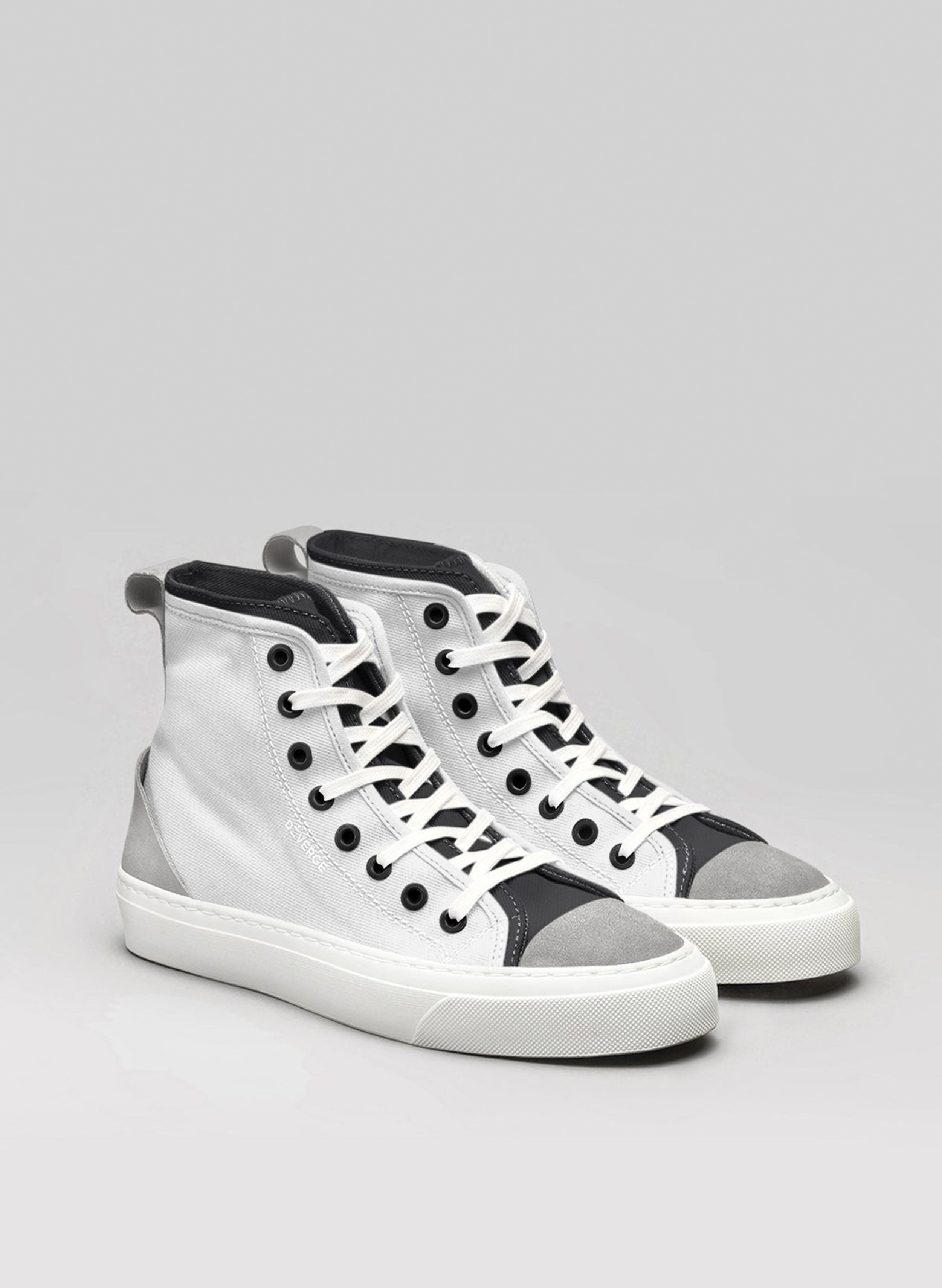 A pair of white and black custom high-top sneakers from Diverge.