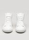 A pair of Minimal High White Canvas on a plain background, viewed from the front showing laces and toe caps.