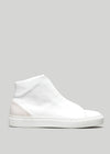Minimal High White Canvas high-top sneakers with a beige suede heel panel on a light gray background.