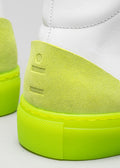 white premium leather high sneakers with lime sole in clean design back view