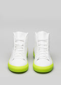 white premium leather high sneakers with lime sole in clean design front with laces