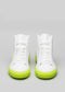 A pair of V4 White Leather w/Lime high-top sneakers, viewed from the front, against a gray background.