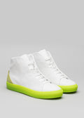white premium leather high sneakers with lime sole in clean design frontview