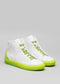 A pair of MH0018 White'n'Lime Power with a neon green sole and white upper, displayed against a gray background.