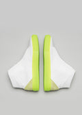 white premium leather high sneakers with lime sole in clean design topview