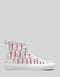 High-top white canvas sneaker with a red anchor pattern, white laces, and a white sole, displayed on a gray background. A Blissful Death 1/5