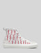 Une basket montante Blissful Death 2/5 avec un imprimé d'ancre rouge sur fond gris, des lacets et une semelle blancs, idéale pour les amateurs de chaussures personnalisées.