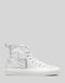 A white high-top sneaker with laces, displayed against a gray background. MADE by proxy 3/5.