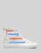 High-top sneaker in white with horizontal blue and red stripes, displayed against a gray background. Ideal for A New Medium 1/5 shoes.