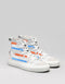 Un par de New Medium 3/5 custom white high-top sneakers con rayas azules y naranjas sobre fondo gris.