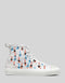 Weißer High-Top-Sneaker aus Canvas mit einem bunten Muster aus abstrakten Figuren auf grauem Hintergrund, mit weißer Zehenkappe und Sohle, Dead or Alive 5/5.