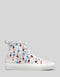 High-top sneaker featuring a light gray background with a colorful pattern of anchor motifs; design includes white laces and a white sole.