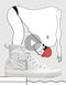 Illustration eines Cartoon-Elefanten, der auf einer detaillierten Zeichnung eines weißen, hohen Canvas-Sneakers MADE by proxy 3/5 vor einem karierten Hintergrund balanciert.