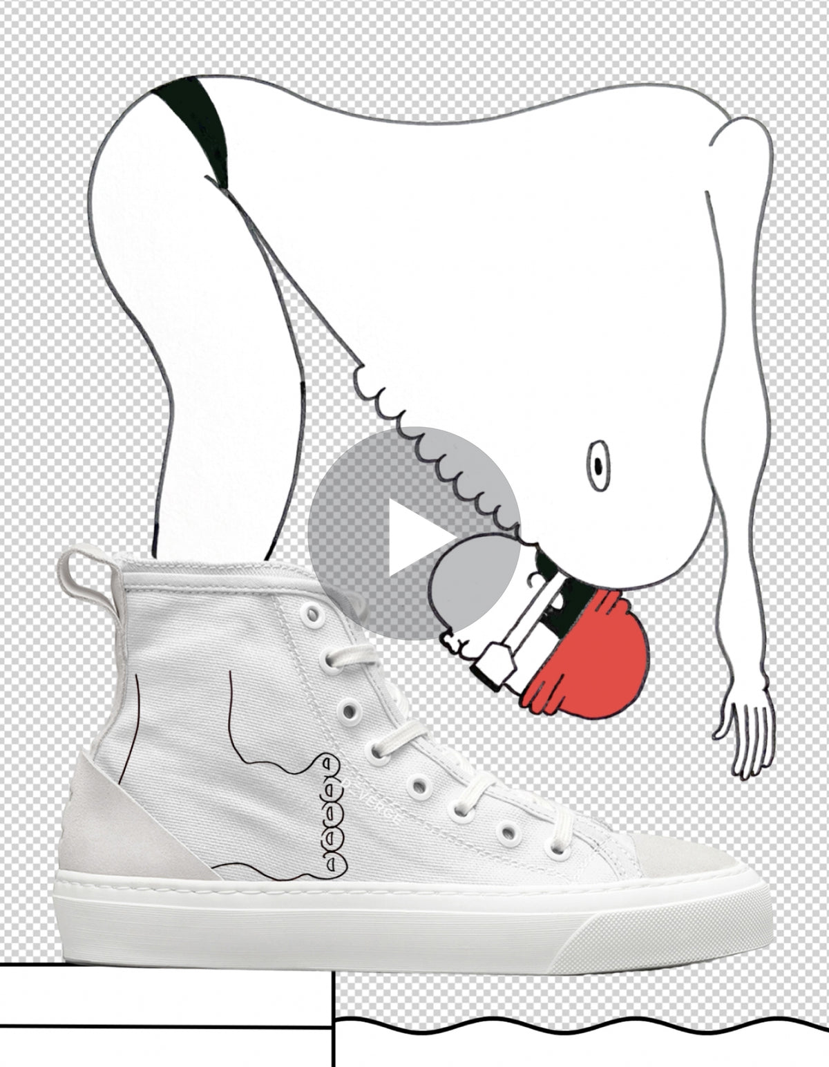 Illustration showing a large white creature bending over to look curiously at a MADE by proxy 2/5 shoe, set against a checkered background.