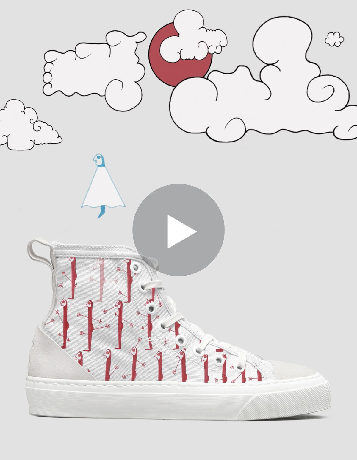 An illustration featuring a A Blissful Death 1/5 shoe with red anchors pattern, set against a playful background of clouds and a bird, with a central play button overlay.