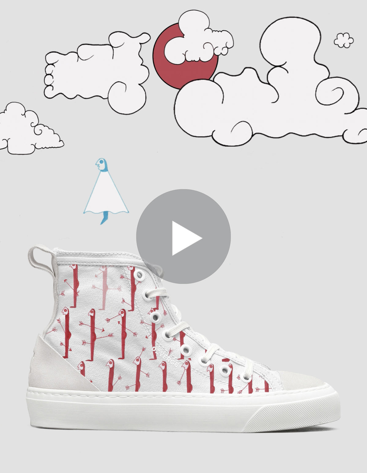 Illustration eines A Blissful Death 4/5 High-Top-Canvas-Sneakers mit roten Ankermustern auf weißem Hintergrund, neben einem Play-Button-Overlay und Doodles von Wolken und einem Vogel.