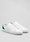 white and petrol blue premium leather low sneakers in clean design frontview